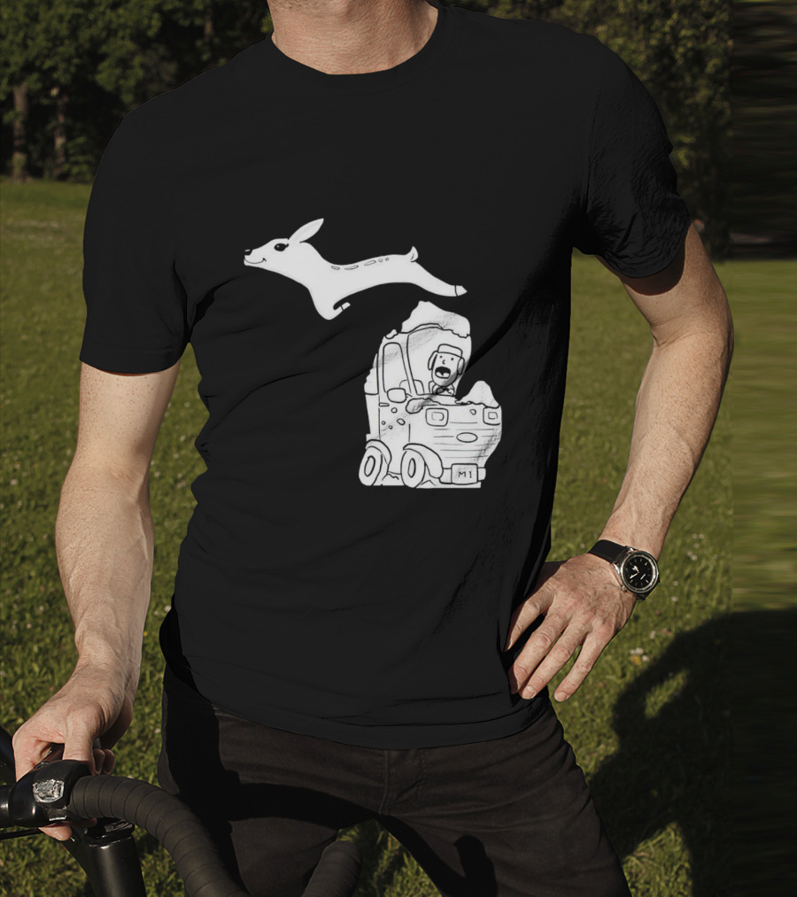 Michigan Deer Leaping Over Snowy Car With Driver T-Shirt