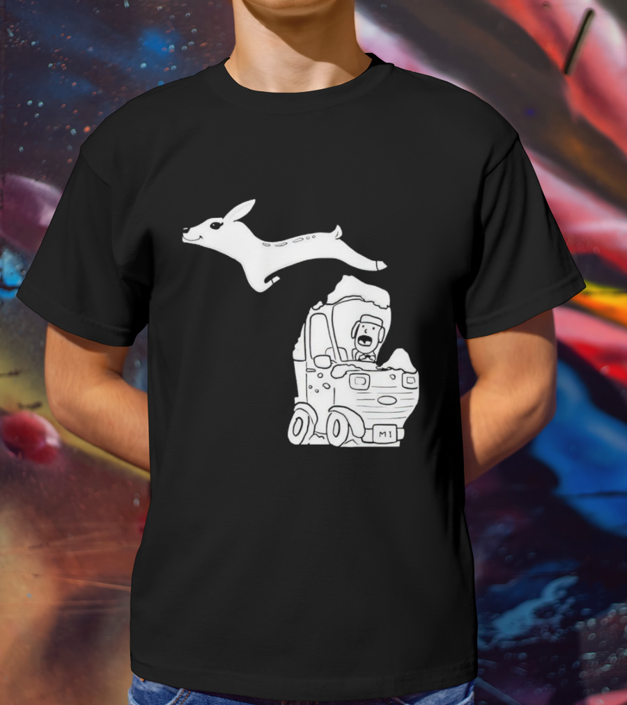 Michigan Deer Leaping Over Snowy Car With Driver T-Shirt