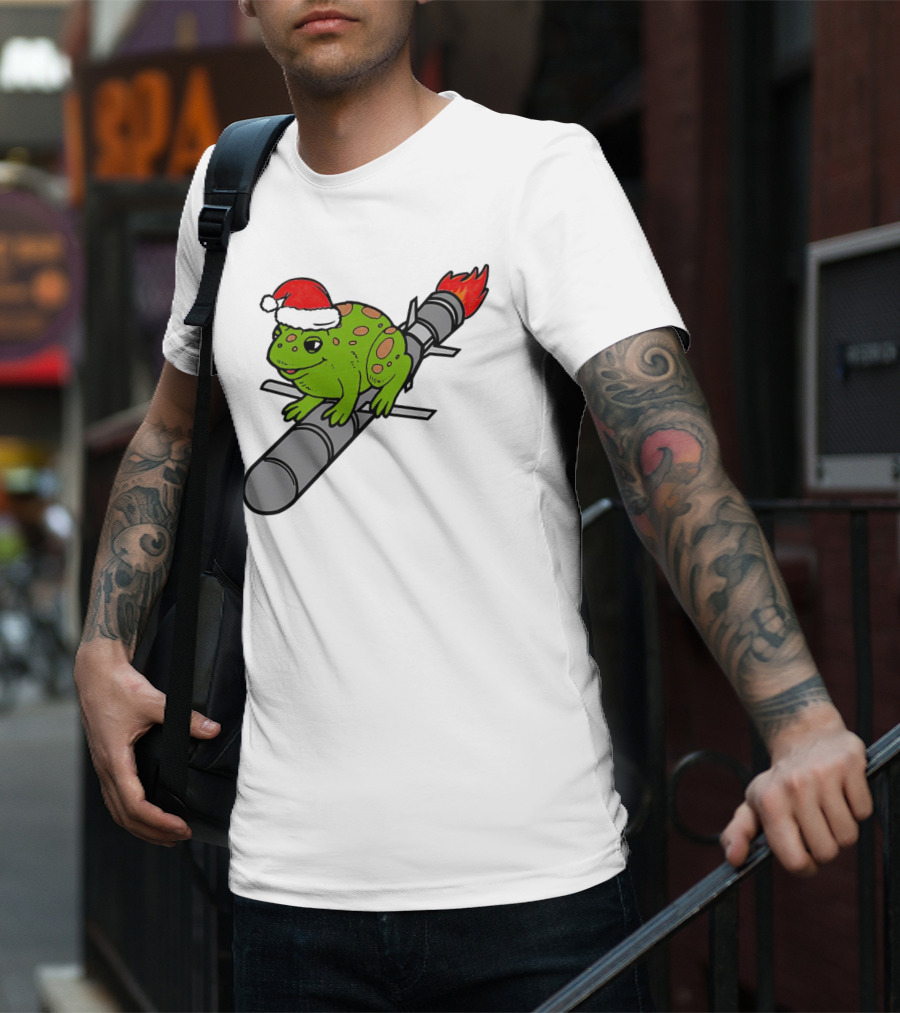 Missile Toad Christmas Frog With Santa Hat Riding A Rocket T-Shirt