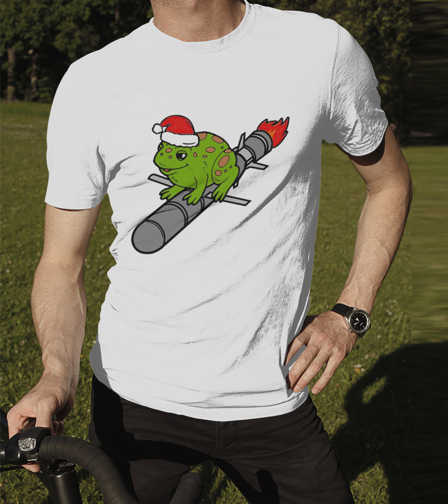 Missile Toad Christmas Frog With Santa Hat Riding A Rocket T-Shirt