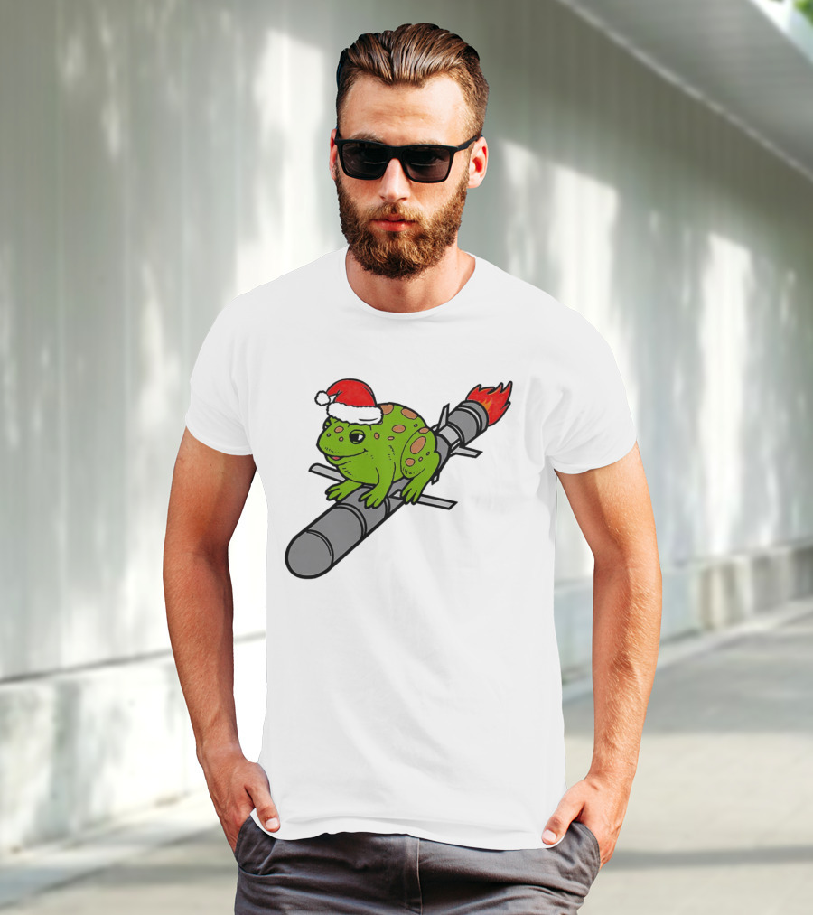 Missile Toad Christmas Frog With Santa Hat Riding A Rocket T-Shirt