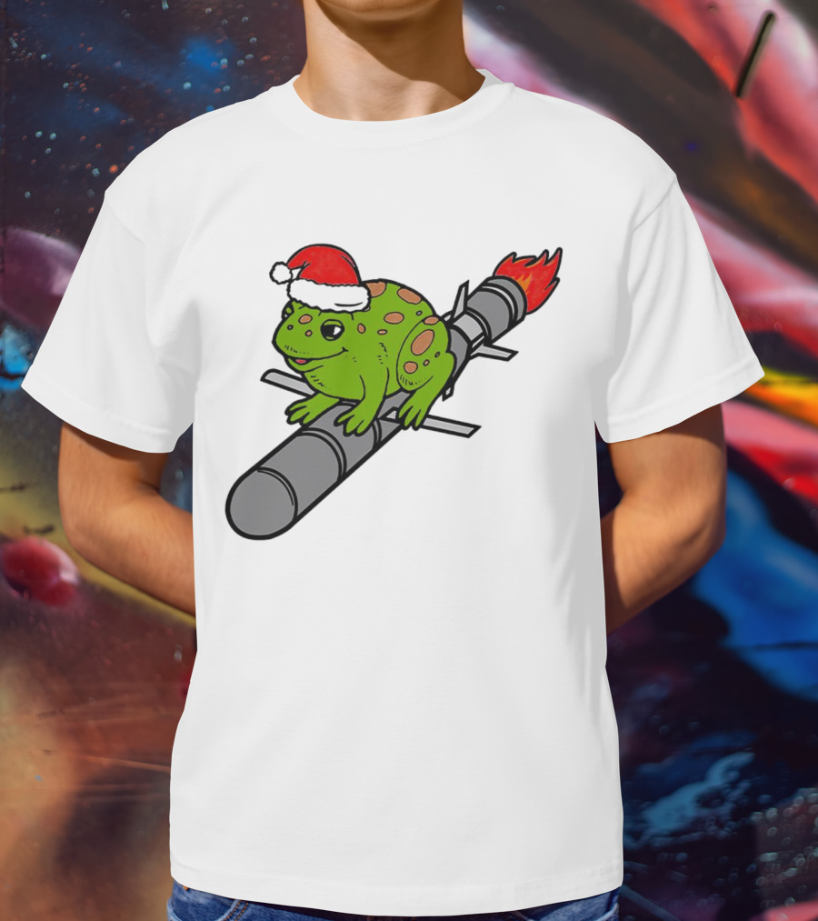 Missile Toad Christmas Frog With Santa Hat Riding A Rocket T-Shirt