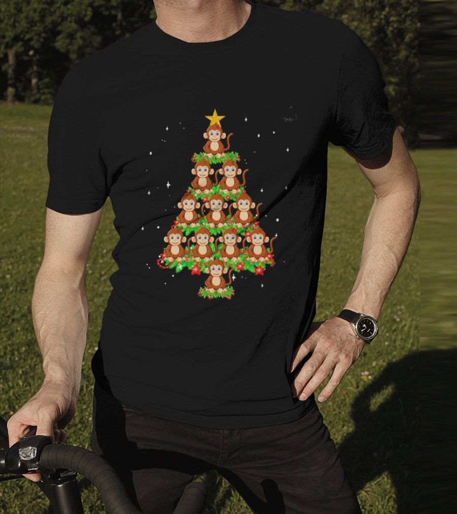 Monkey Christmas Tree Star Top Holiday Decor T-Shirt