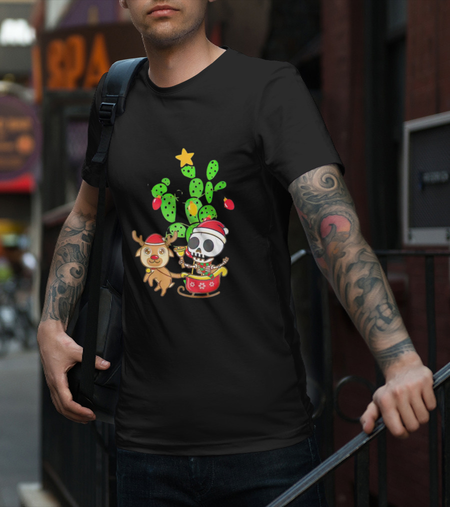Nopalito Calacas Feliz Navidad Cactus Skeleton Reindeer Christmas T-Shirt