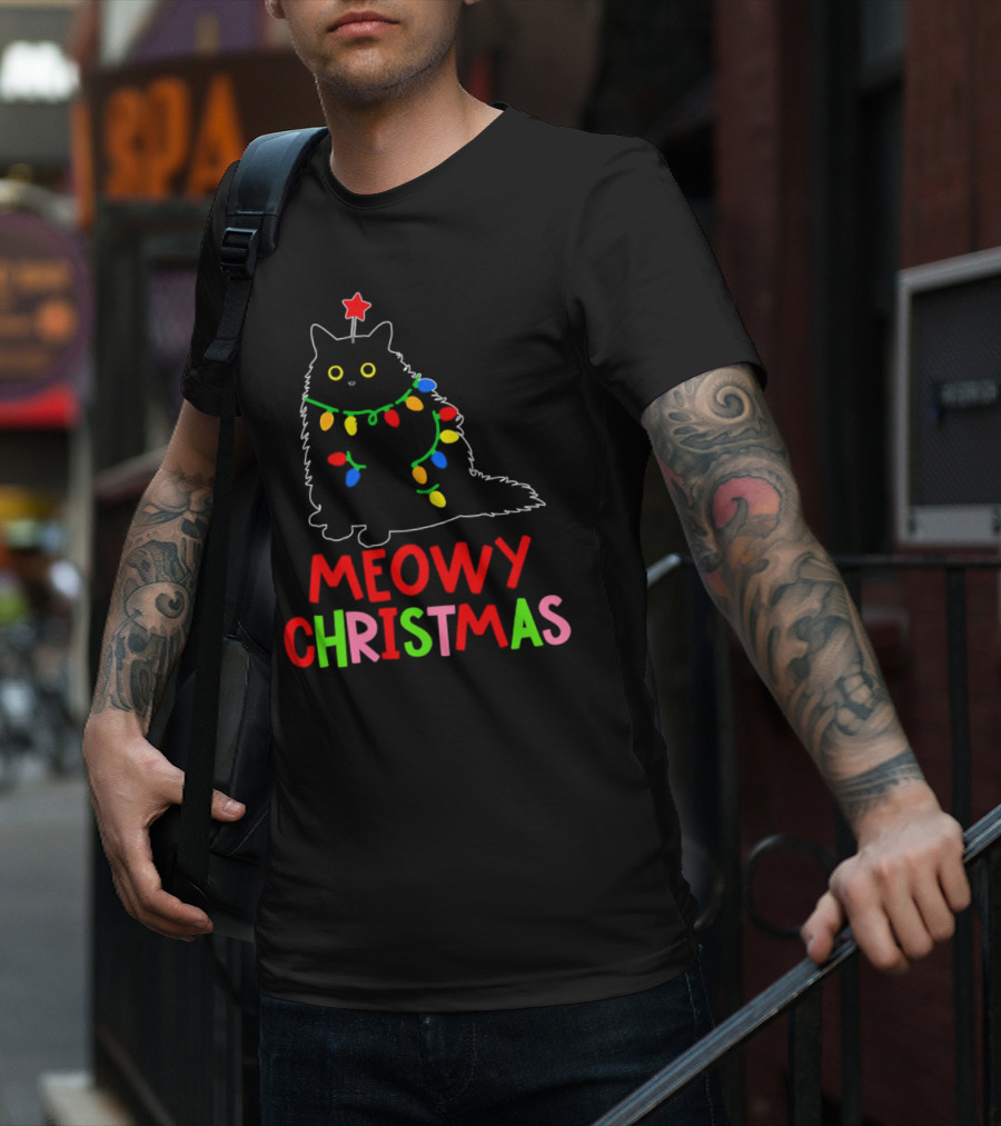 Meowy Christmas Black Cat With Lights T-Shirt