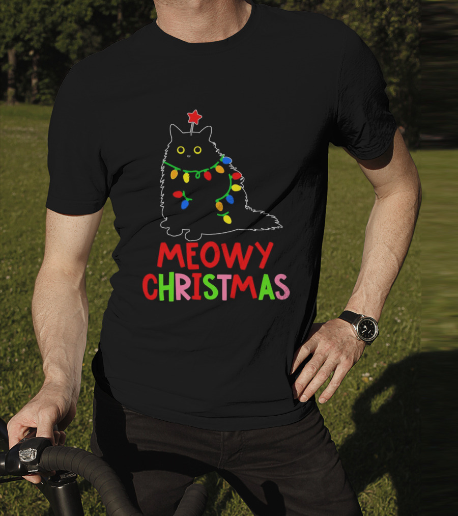 Meowy Christmas Black Cat With Lights T-Shirt