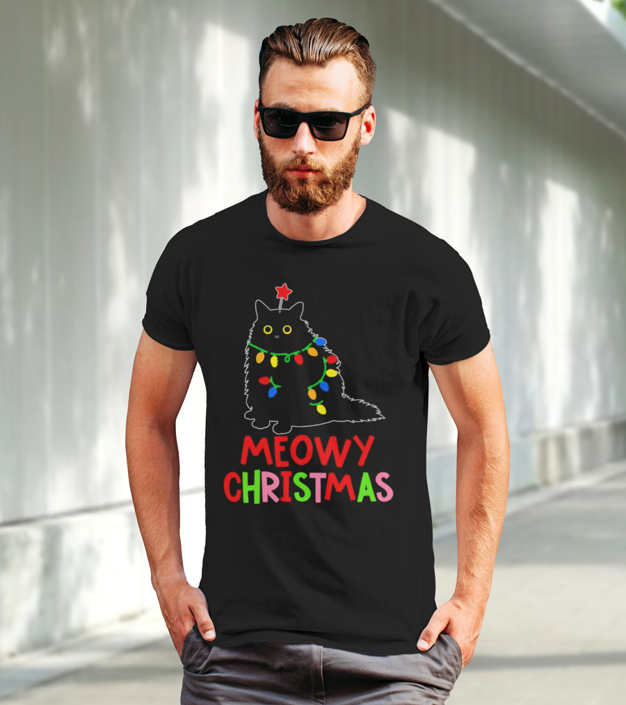 Meowy Christmas Black Cat With Lights T-Shirt