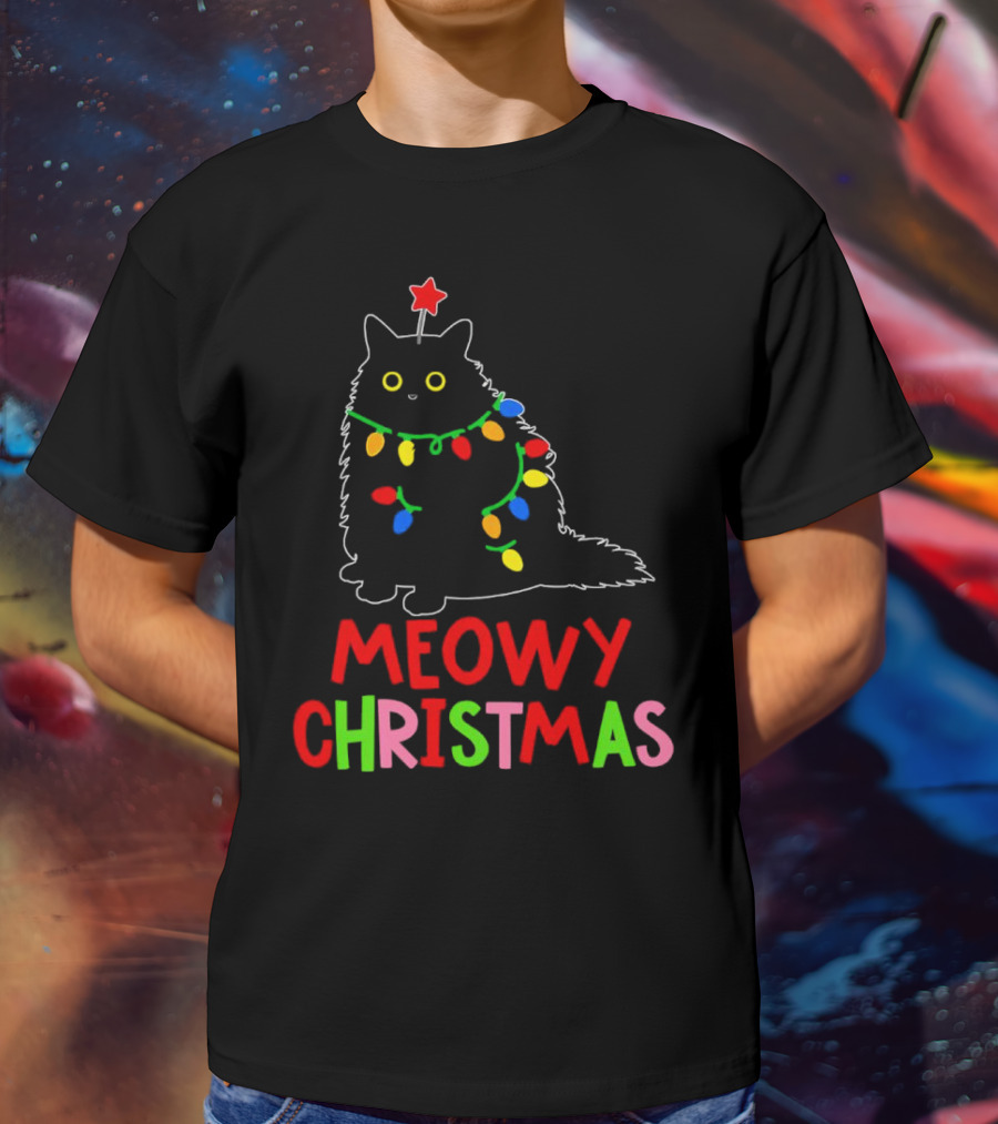 Meowy Christmas Black Cat With Lights T-Shirt