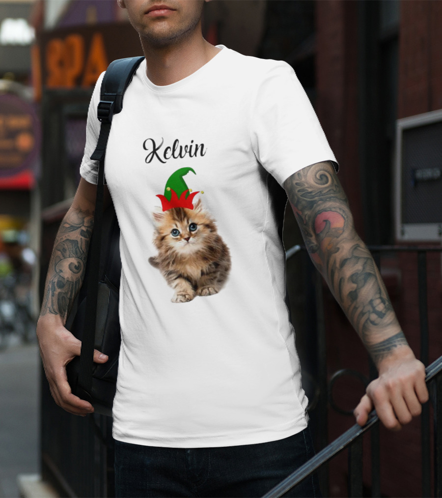 Kelvin Cat Wearing Elf Hat Merry Christmas Custom Name T-Shirt