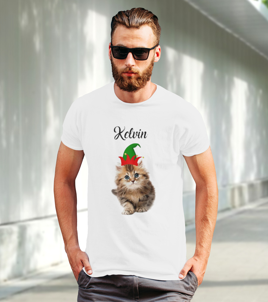 Kelvin Cat Wearing Elf Hat Merry Christmas Custom Name T-Shirt