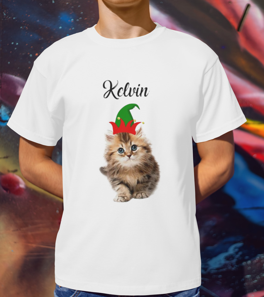 Kelvin Cat Wearing Elf Hat Merry Christmas Custom Name T-Shirt
