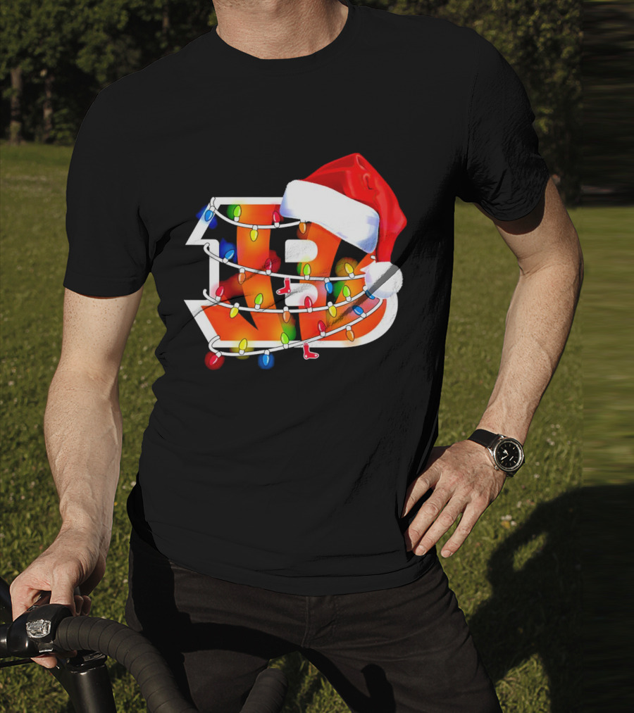 Cincinnati Bengals Christmas Lights Santa Hat Logo Holiday Football T-Shirt