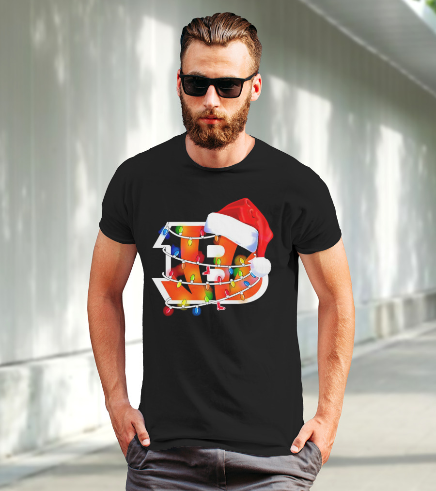 Cincinnati Bengals Christmas Lights Santa Hat Logo Holiday Football T-Shirt