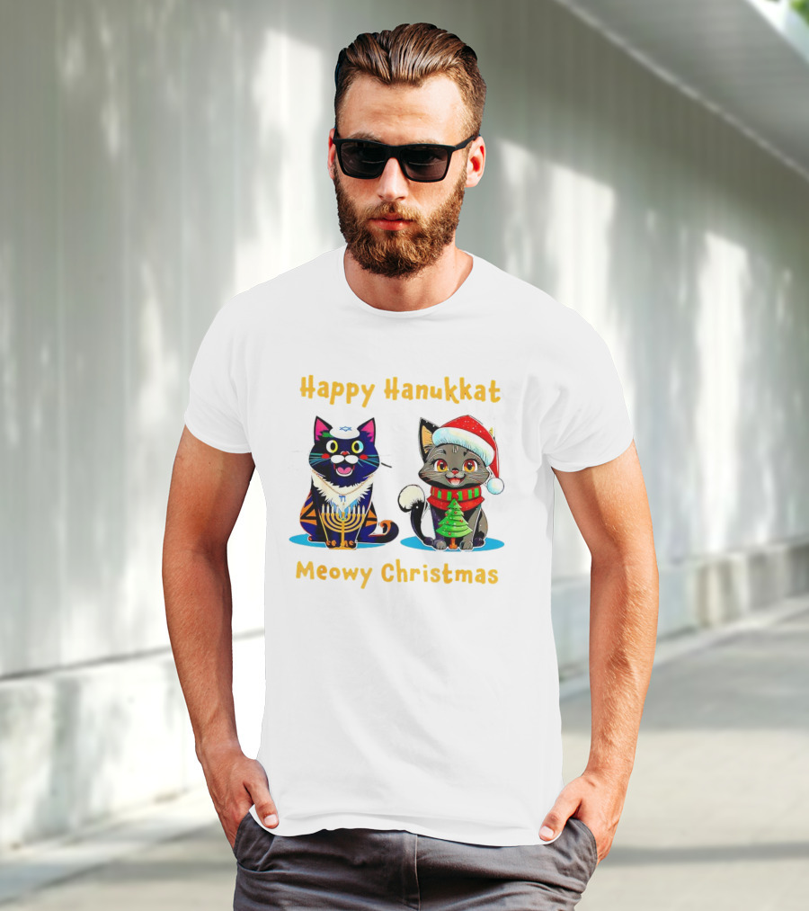 Happy Hanukkat Meowy Christmas Cats In Festive Holiday Attire T-Shirt
