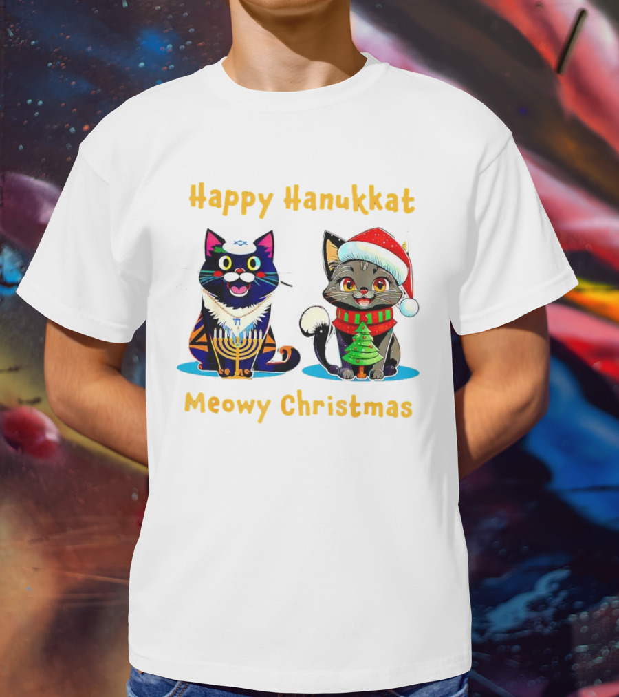 Happy Hanukkat Meowy Christmas Cats In Festive Holiday Attire T-Shirt