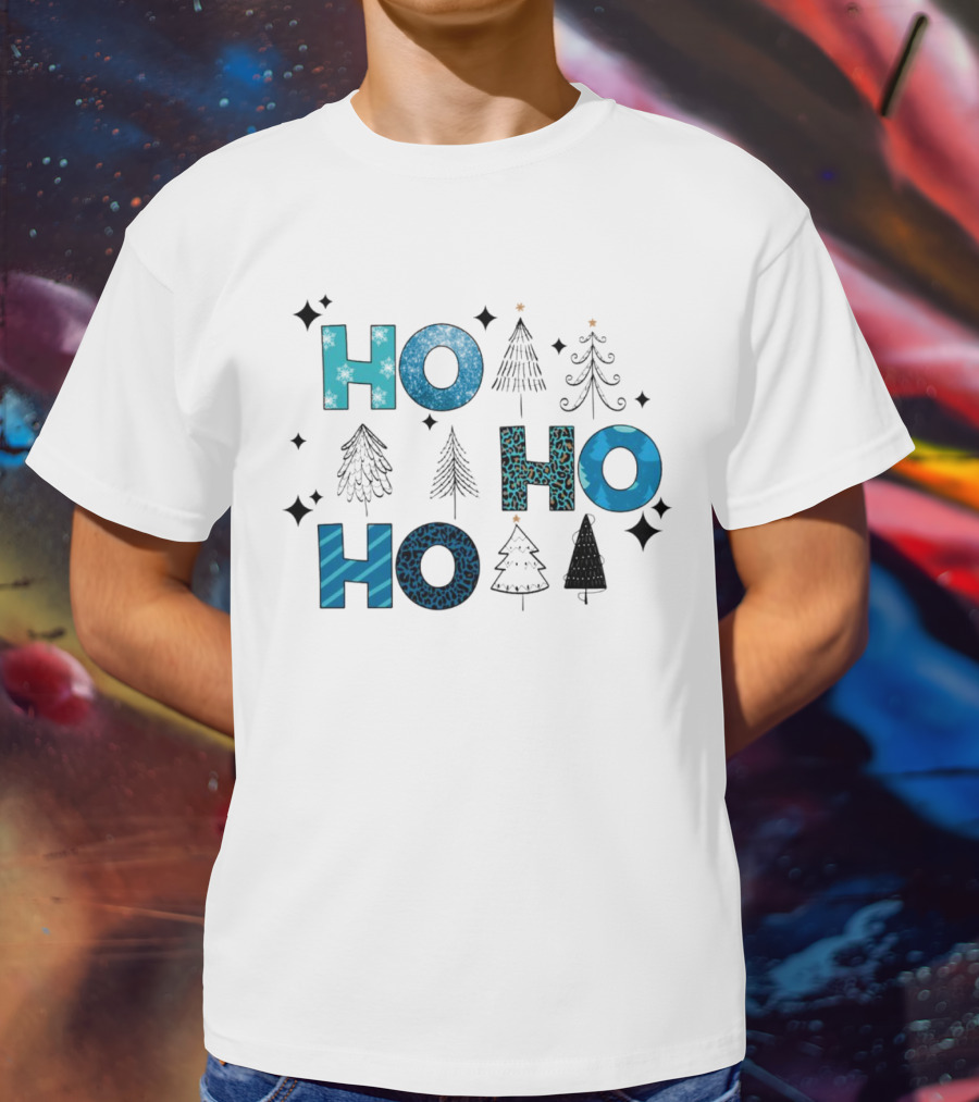 Hohoho Christmas Blue Patterns With Trees And Stars T-Shirt