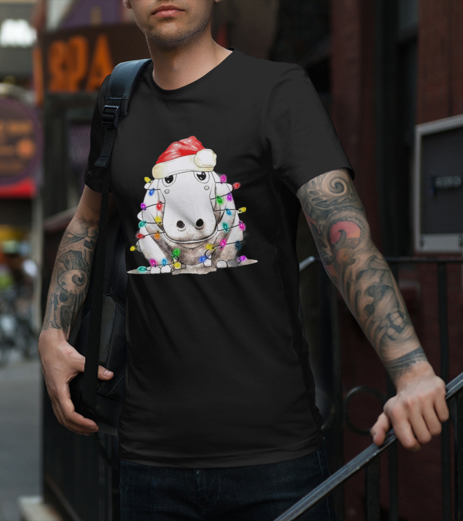 Santa Hippo Wrapped In Christmas Lights With Santa Hat T-Shirt