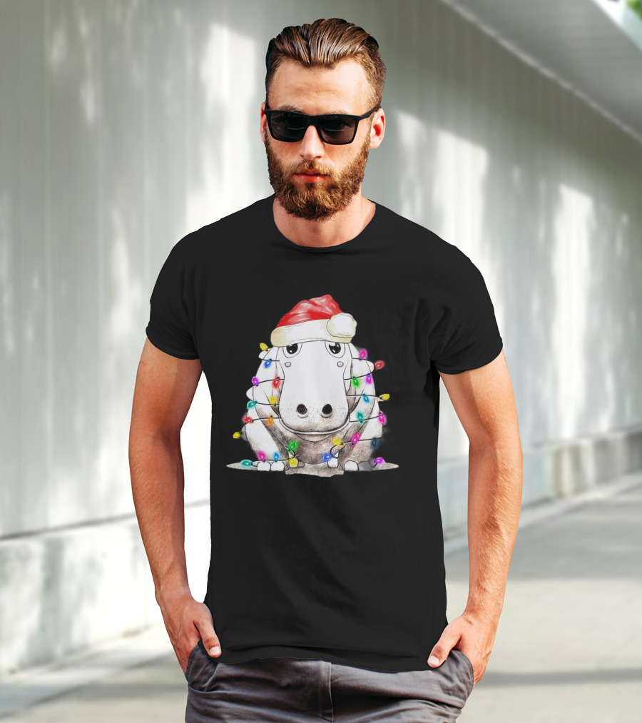 Santa Hippo Wrapped In Christmas Lights With Santa Hat T-Shirt