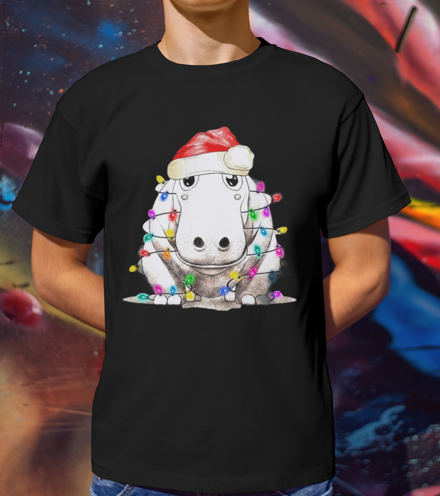 Santa Hippo Wrapped In Christmas Lights With Santa Hat T-Shirt