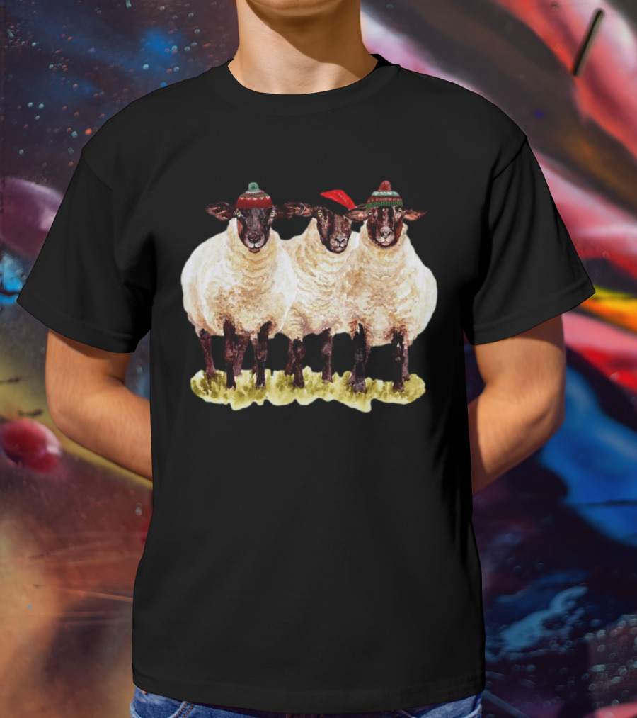 Merry Christmas Santa Sheep Trio With Festive Hats T-Shirt