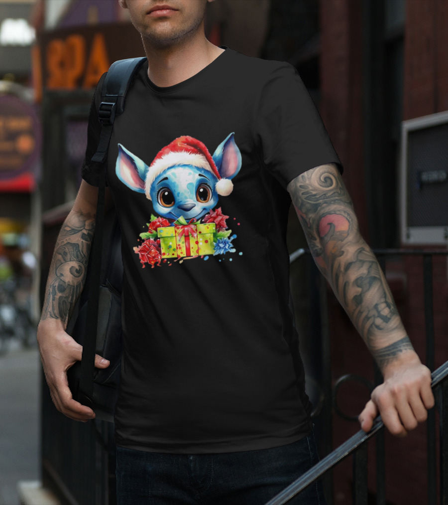 Santa Stitch Holiday Cheer With Christmas Present And Santa Hat T-Shirt
