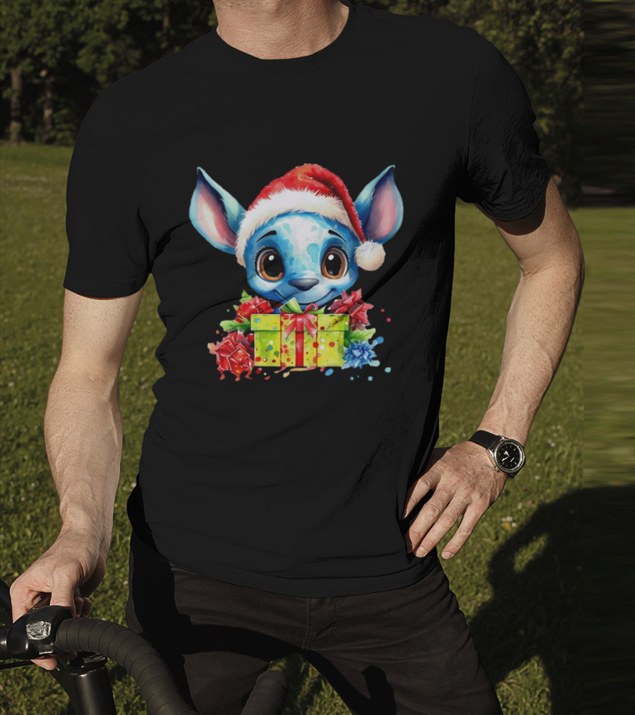 Santa Stitch Holiday Cheer With Christmas Present And Santa Hat T-Shirt