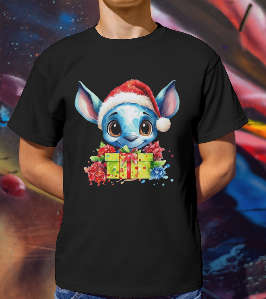 Santa Stitch Holiday Cheer With Christmas Present And Santa Hat T-Shirt