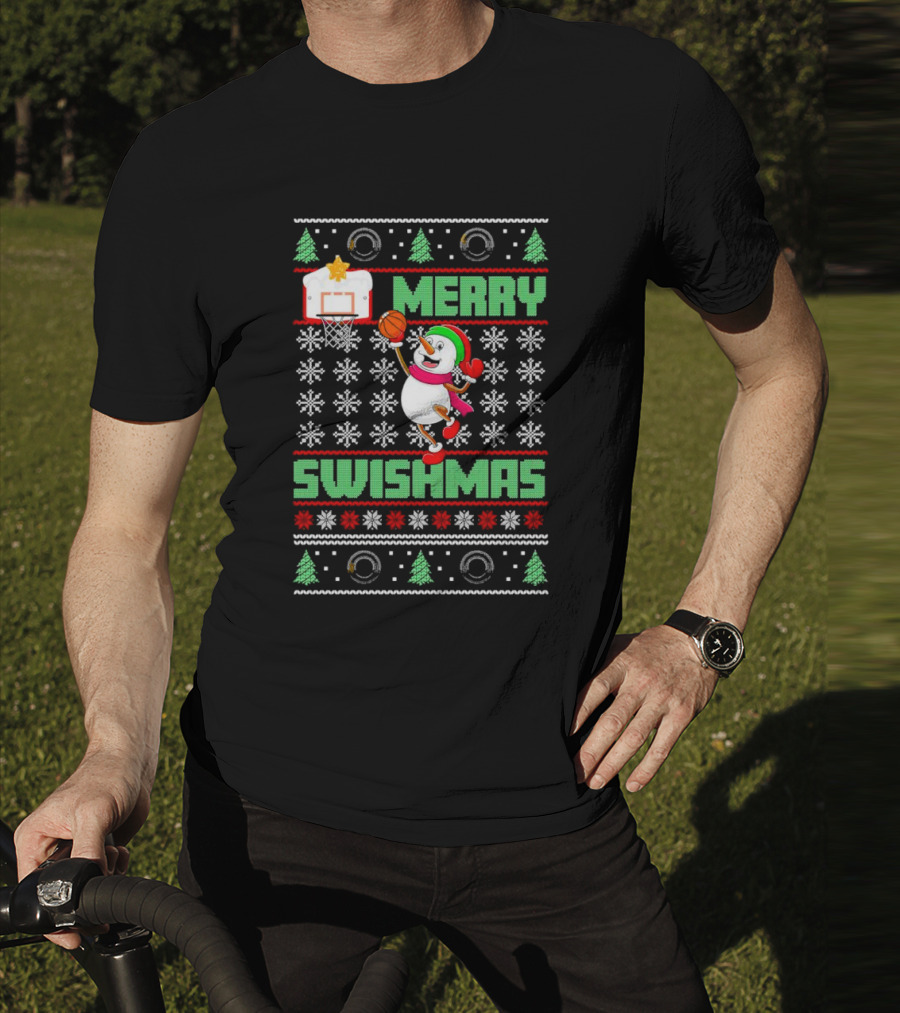 Merry Swishmas Snowman Playing Basketball Holiday T-Shirt