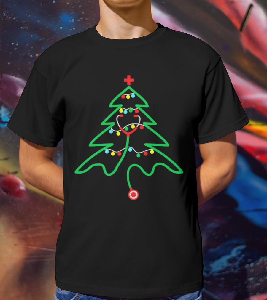 Stethoscope Shaped Christmas Tree With Holiday Lights T-Shirt