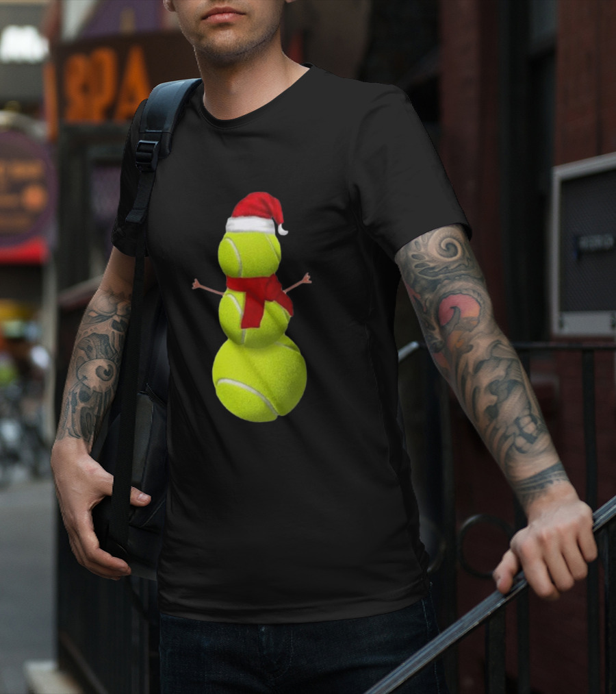 Tennis Ball Snowman With Santa Hat And Scarf Merry Christmas T-Shirt