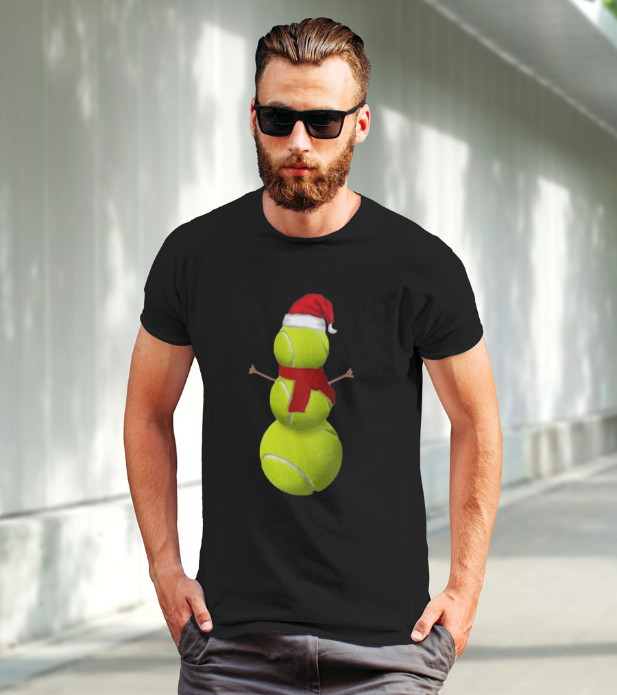 Tennis Ball Snowman With Santa Hat And Scarf Merry Christmas T-Shirt