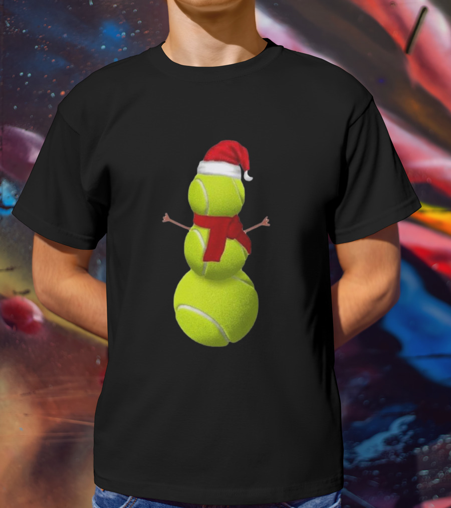 Tennis Ball Snowman With Santa Hat And Scarf Merry Christmas T-Shirt
