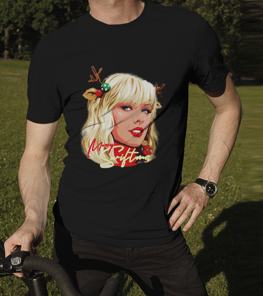 Merry Swiftmas Christmas Reindeer Antlers Bluscious Red Lips Holiday T-Shirt