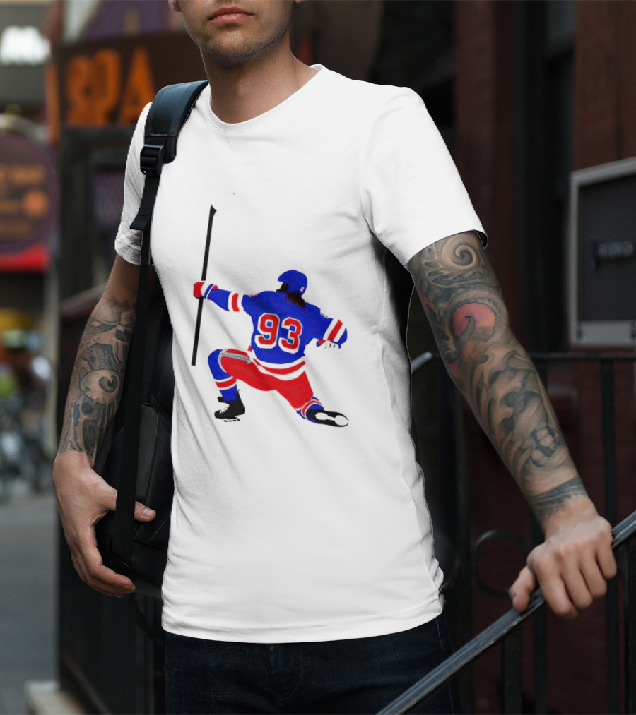 Mika Zibanejad Number 93 Hockey Celebration Iconic Bowing Pose T-Shirt