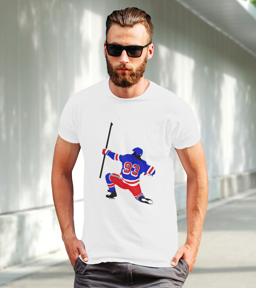 Mika Zibanejad Number 93 Hockey Celebration Iconic Bowing Pose T-Shirt