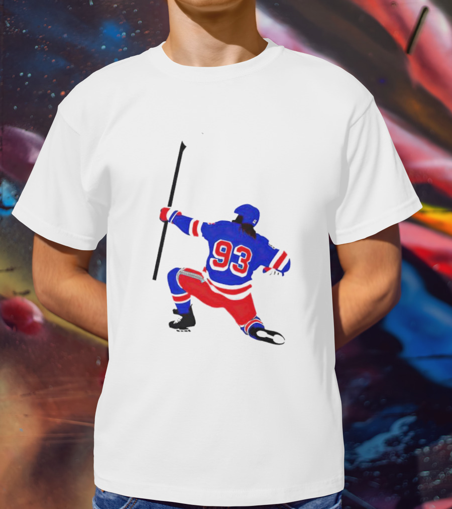 Mika Zibanejad Number 93 Hockey Celebration Iconic Bowing Pose T-Shirt