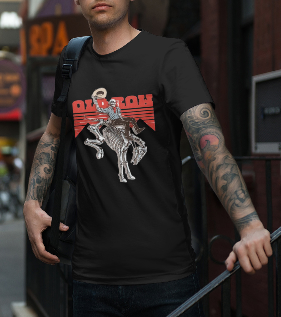 Old Row Skeleton Cowboy Riding A Skeleton Horse With Red Background Stripes T-Shirt