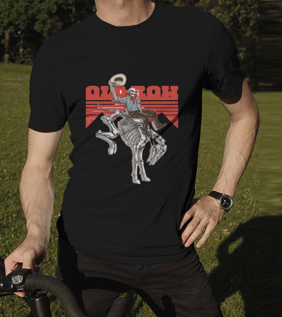 Old Row Skeleton Cowboy Riding A Skeleton Horse With Red Background Stripes T-Shirt