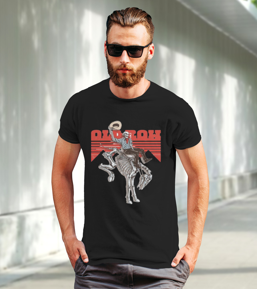 Old Row Skeleton Cowboy Riding A Skeleton Horse With Red Background Stripes T-Shirt