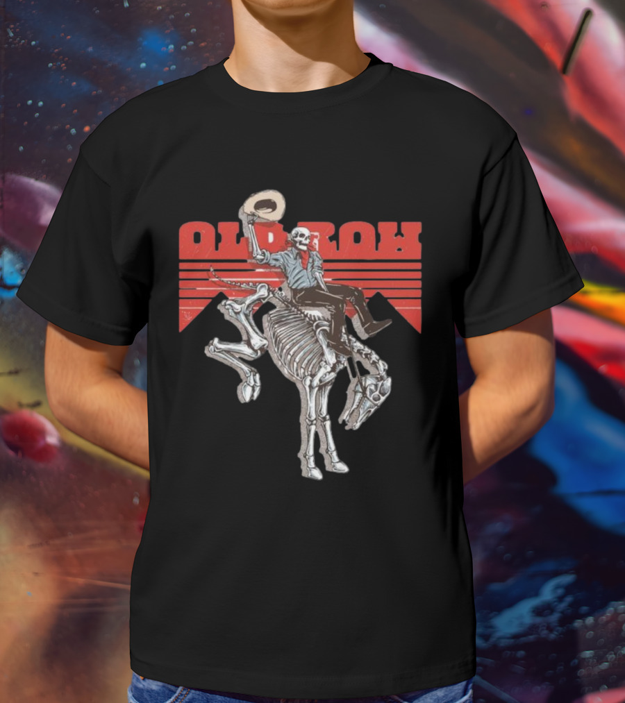 Old Row Skeleton Cowboy Riding A Skeleton Horse With Red Background Stripes T-Shirt