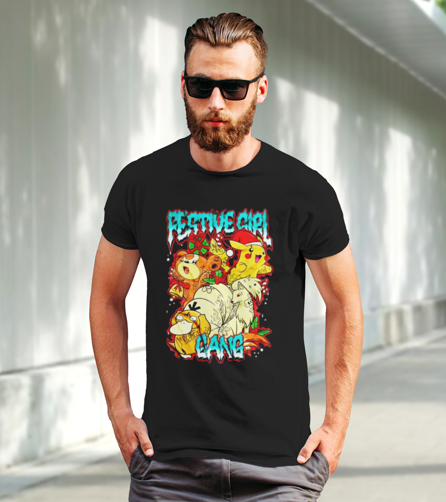 Festive Girl Gang Pokémon Pikachu Psyduck Clefairy Vulpix Christmas T-Shirt