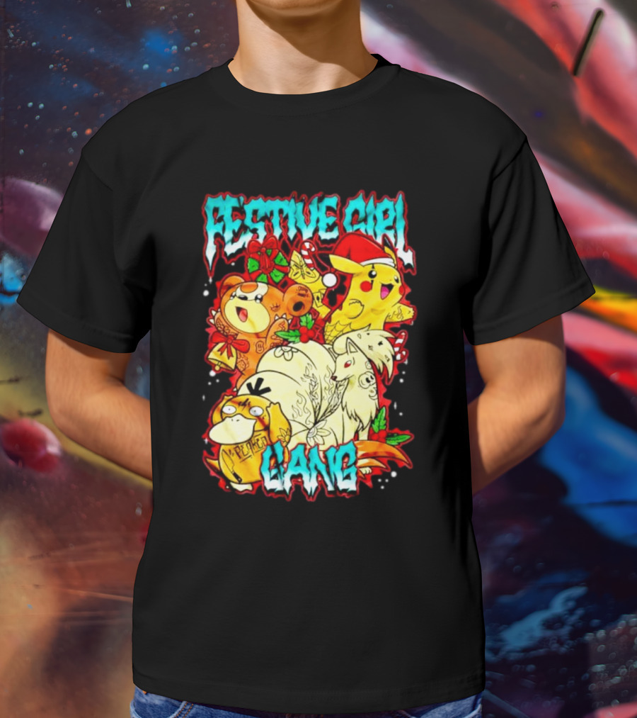 Festive Girl Gang Pokémon Pikachu Psyduck Clefairy Vulpix Christmas T-Shirt