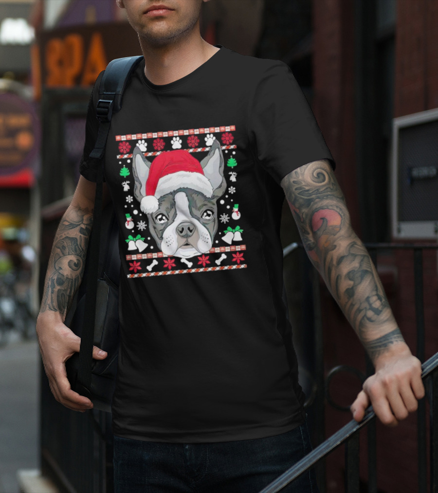 Santa Boston Terrier Ugly Christmas Sweater Paws Bells Snowflakes T-Shirt