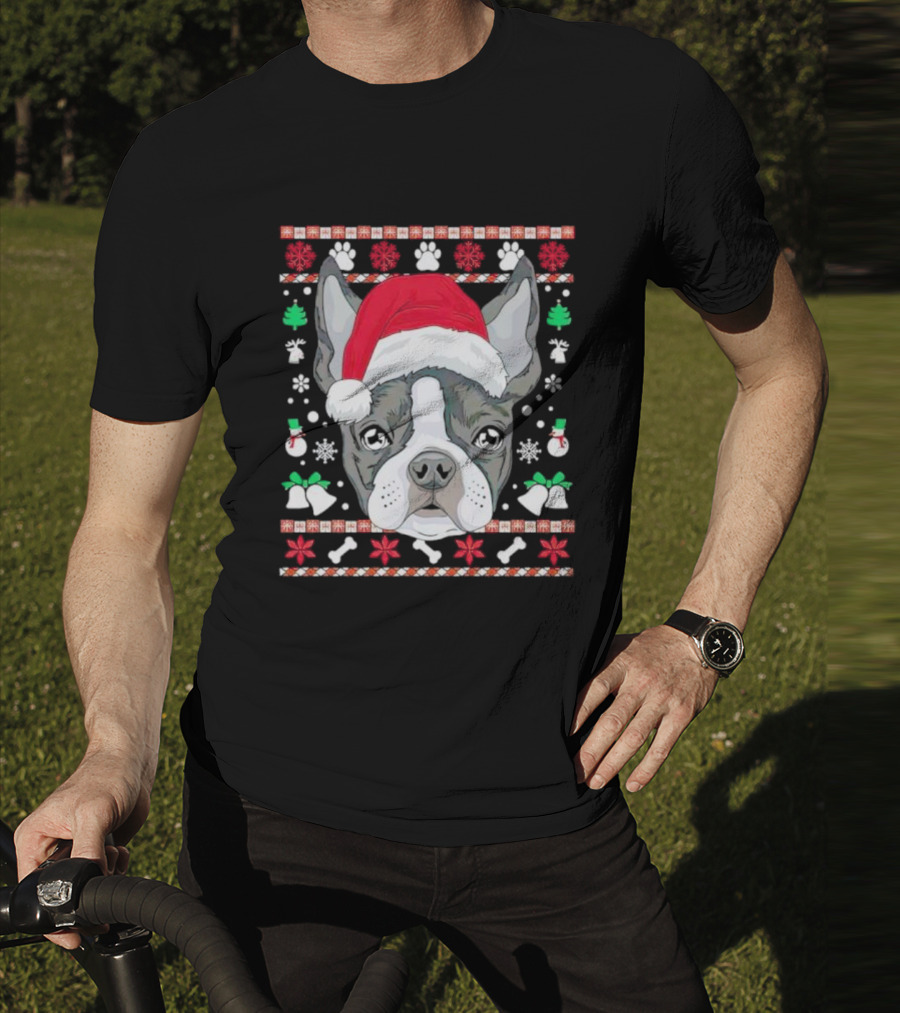 Santa Boston Terrier Ugly Christmas Sweater Paws Bells Snowflakes T-Shirt