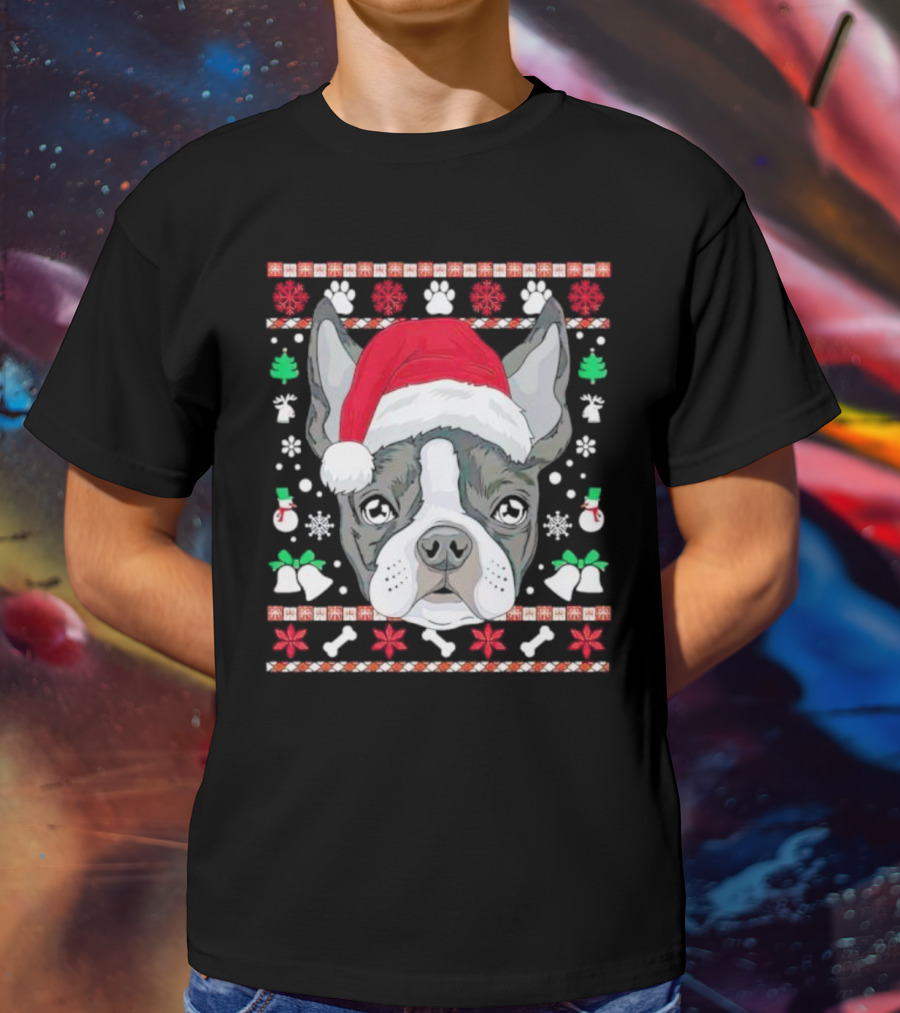 Santa Boston Terrier Ugly Christmas Sweater Paws Bells Snowflakes T-Shirt