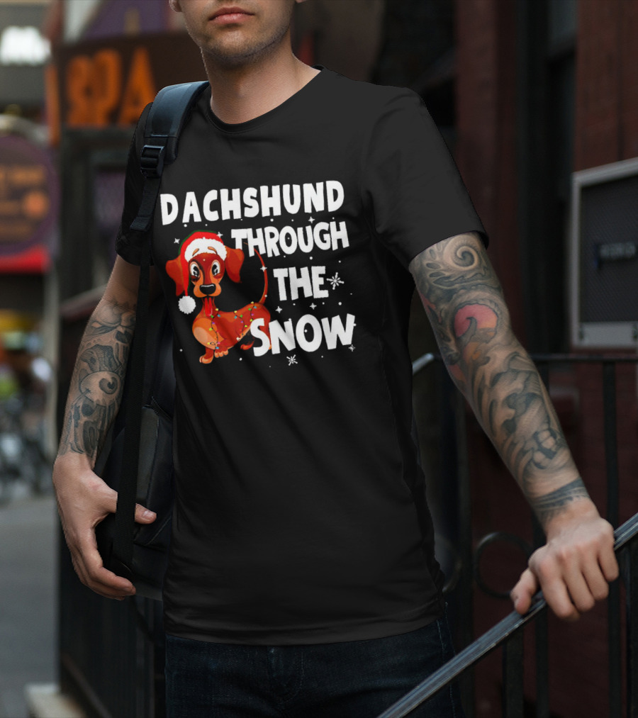 Dachshund Through The Snow Christmas Santa Dog With Lights T-Shirt