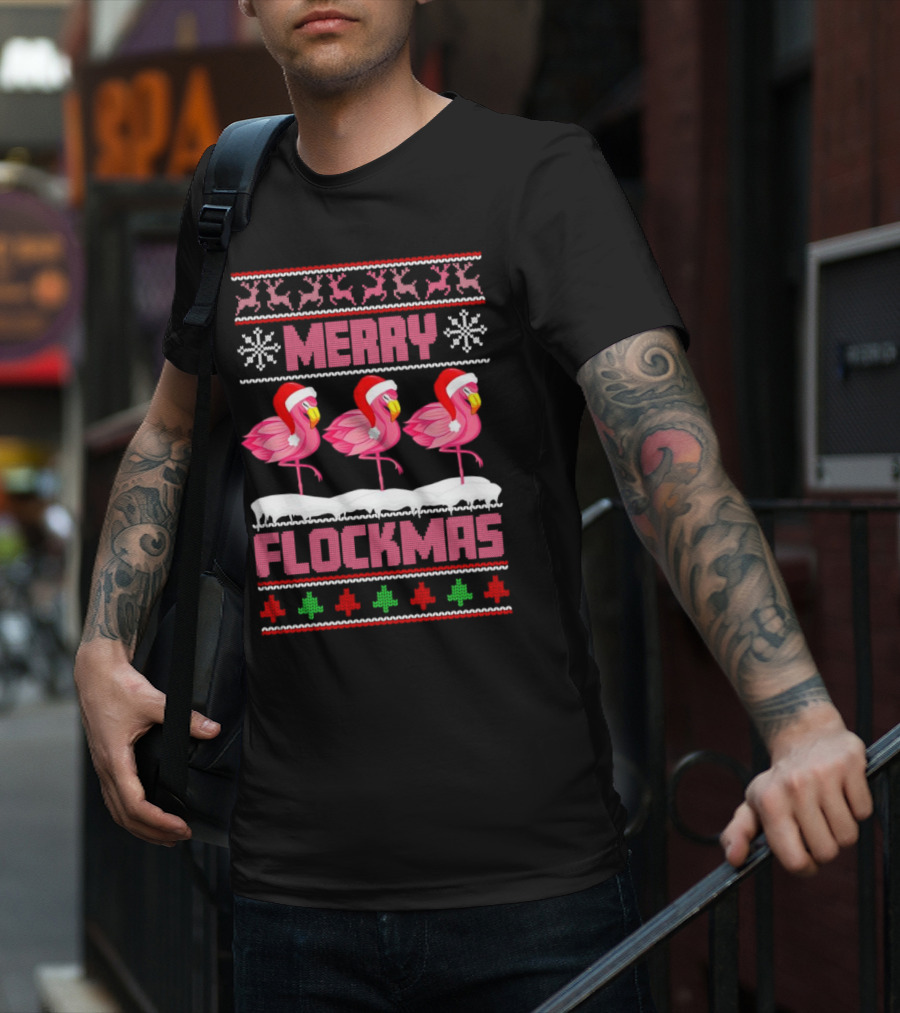 Merry Flockmas Christmas Santa Flamingo Trio Holiday T-Shirt
