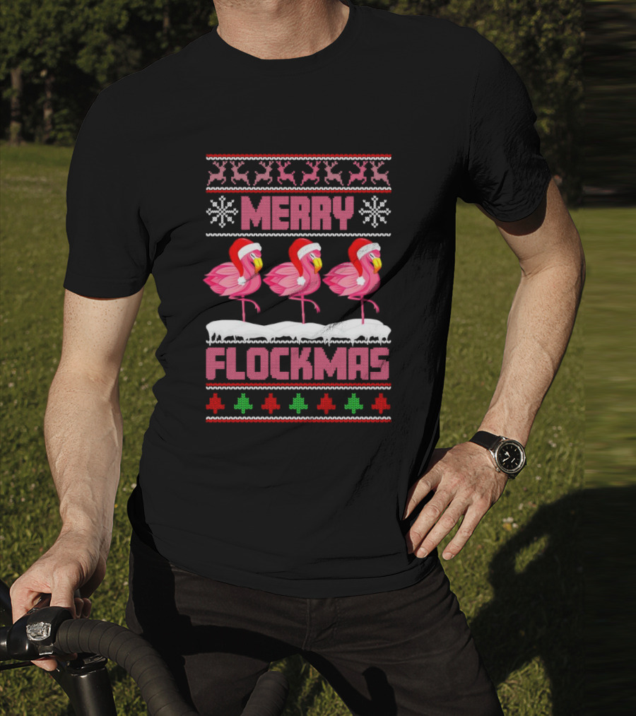 Merry Flockmas Christmas Santa Flamingo Trio Holiday T-Shirt