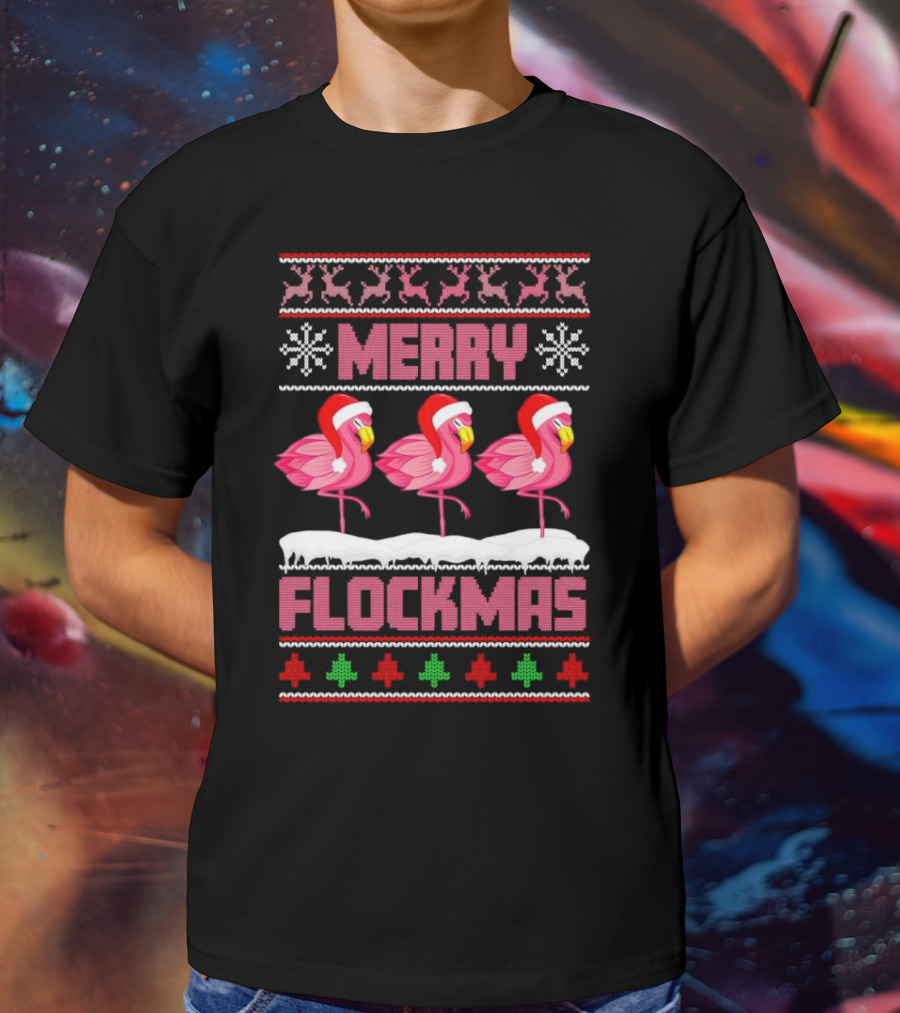 Merry Flockmas Christmas Santa Flamingo Trio Holiday T-Shirt