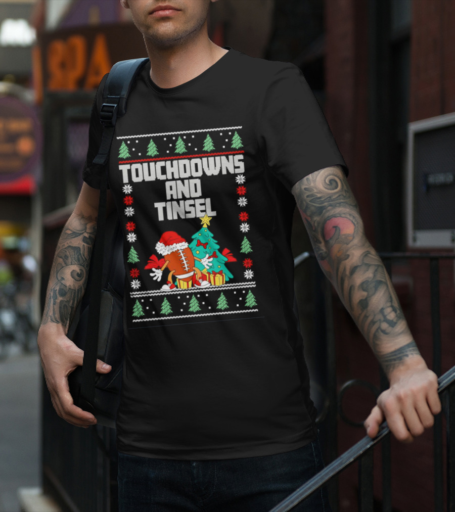 Touchdowns And Tinsel Christmas Football Santa With Tree And Gifts T-Shirt